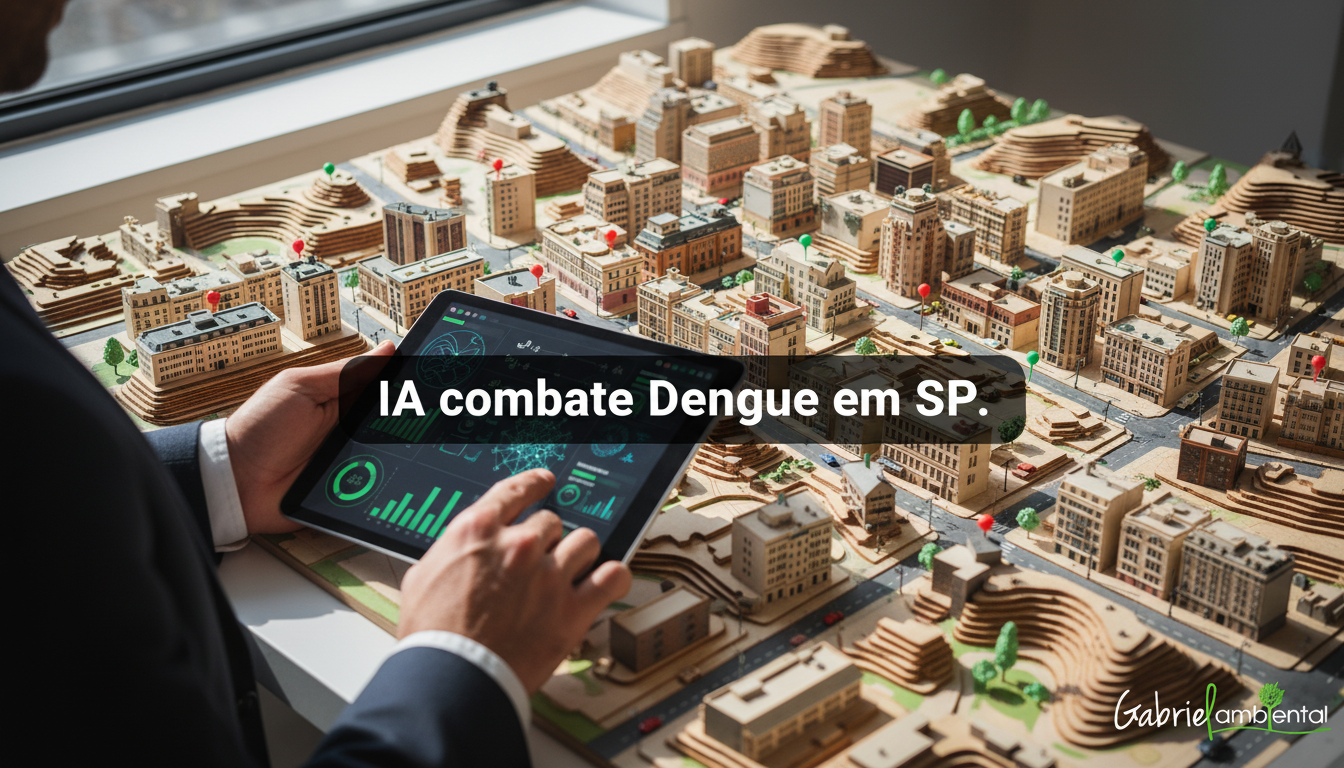 Mapa digital de cidade com pontos de dados sobre dengue e um profissional interagindo com IA em tablet, com banner central dizendo 'IA combate Dengue em SP'.
