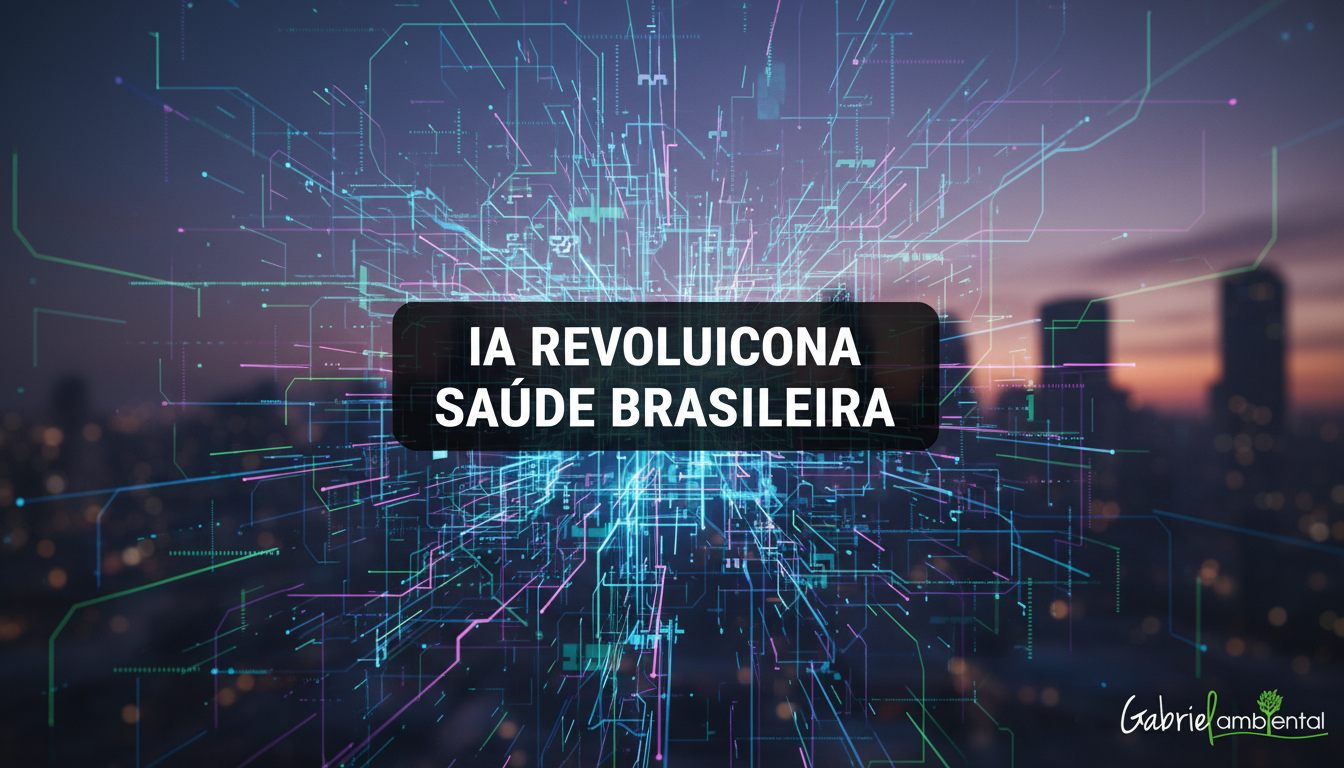 Imagem digital de inteligência artificial em um cenário de cidade, com a headline 'IA REVOLUCIONA SAÚDE BRASILEIRA' em um banner central.