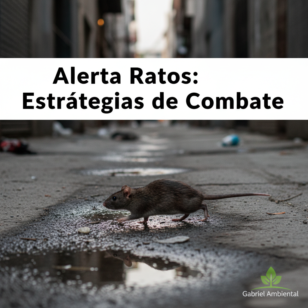 Rato correndo em ambiente urbano escuro com logo Gabriel Ambiental e alerta 'Alerta Ratos: Estratégias de Combate'.