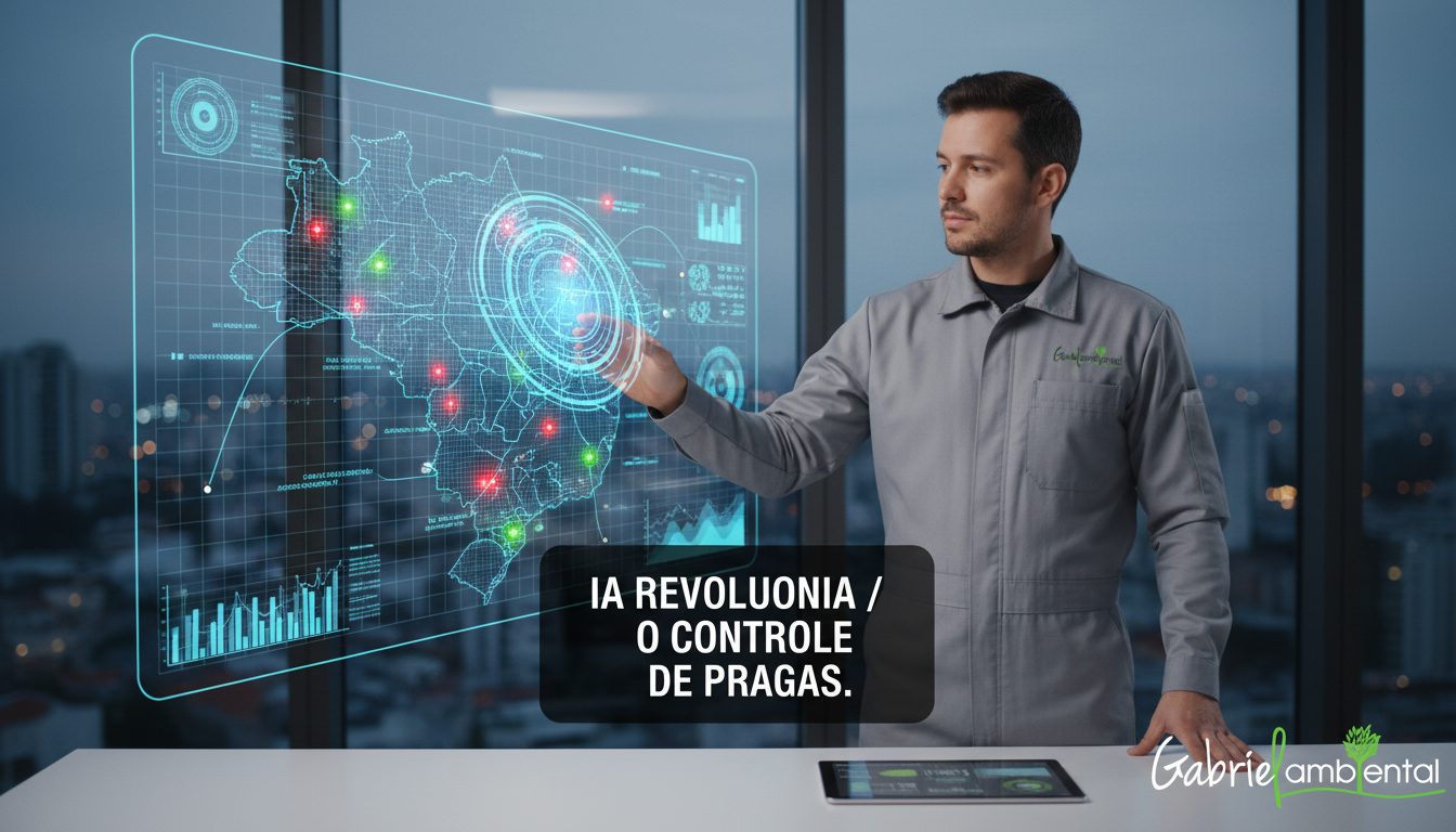 Profissional de controle de pragas utilizando inteligência artificial e mapa digital interativo para planejar ações de dedetização em São Paulo.