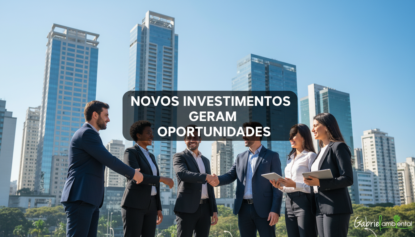 Edifícios modernos em São Paulo com profissionais se cumprimentando, indicando crescimento econômico e inovação. Faixa central: NOVOS INVESTIMENTOS GERAM OPORTUNIDADES.