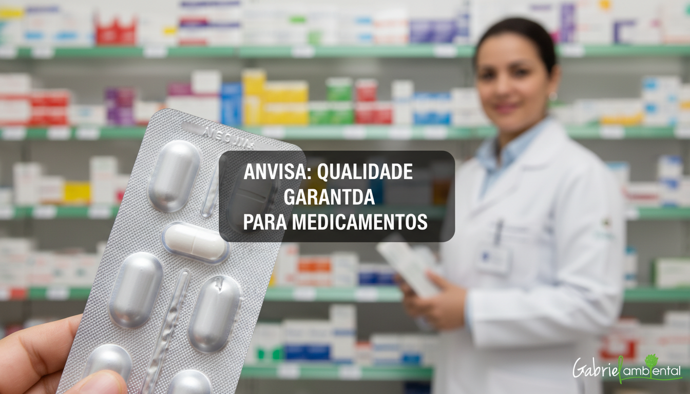 Embalagens de medicamentos genéricos em uma farmácia no Brasil, com um banner central 'ANVISA: QUALIDADE GARANTIDA PARA MEDICAMENTOS'