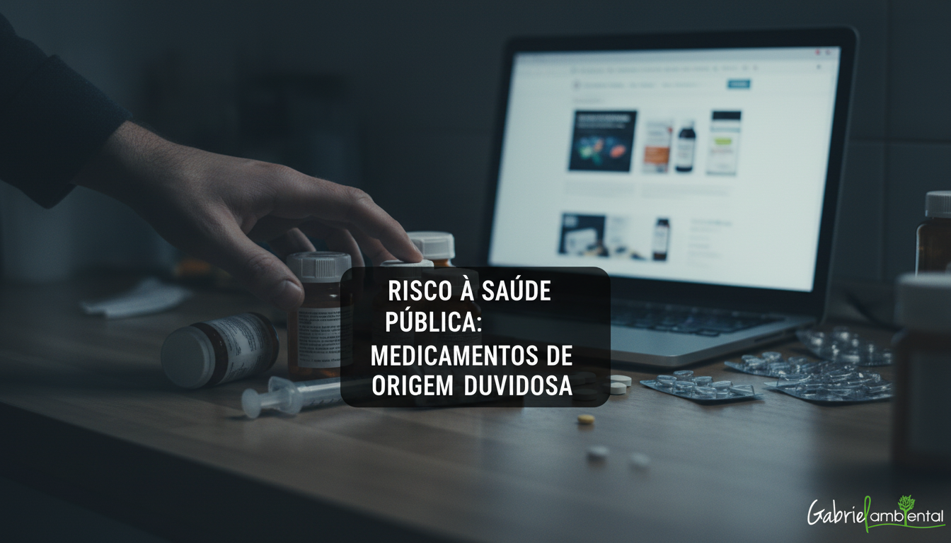 Mão de uma pessoa segurando um frasco de medicamento de procedência duvidosa, com foco no risco à saúde pública. Ao fundo, um laptop exibe site de venda online.