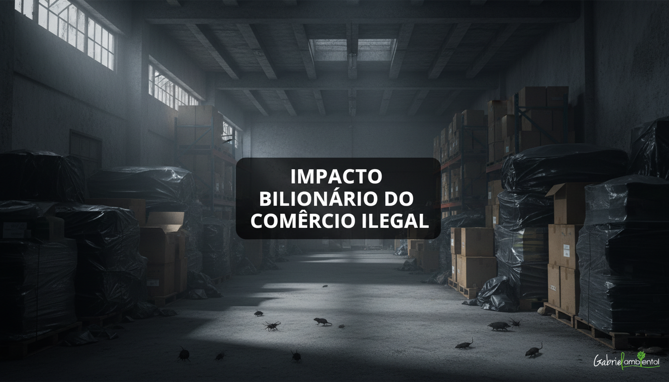 Armazém escuro com caixas e produtos ilegais, com sombras de roedores ou insetos, sobreposto por uma tarja com 'Impacto Bilionário do Comércio Ilegal'.