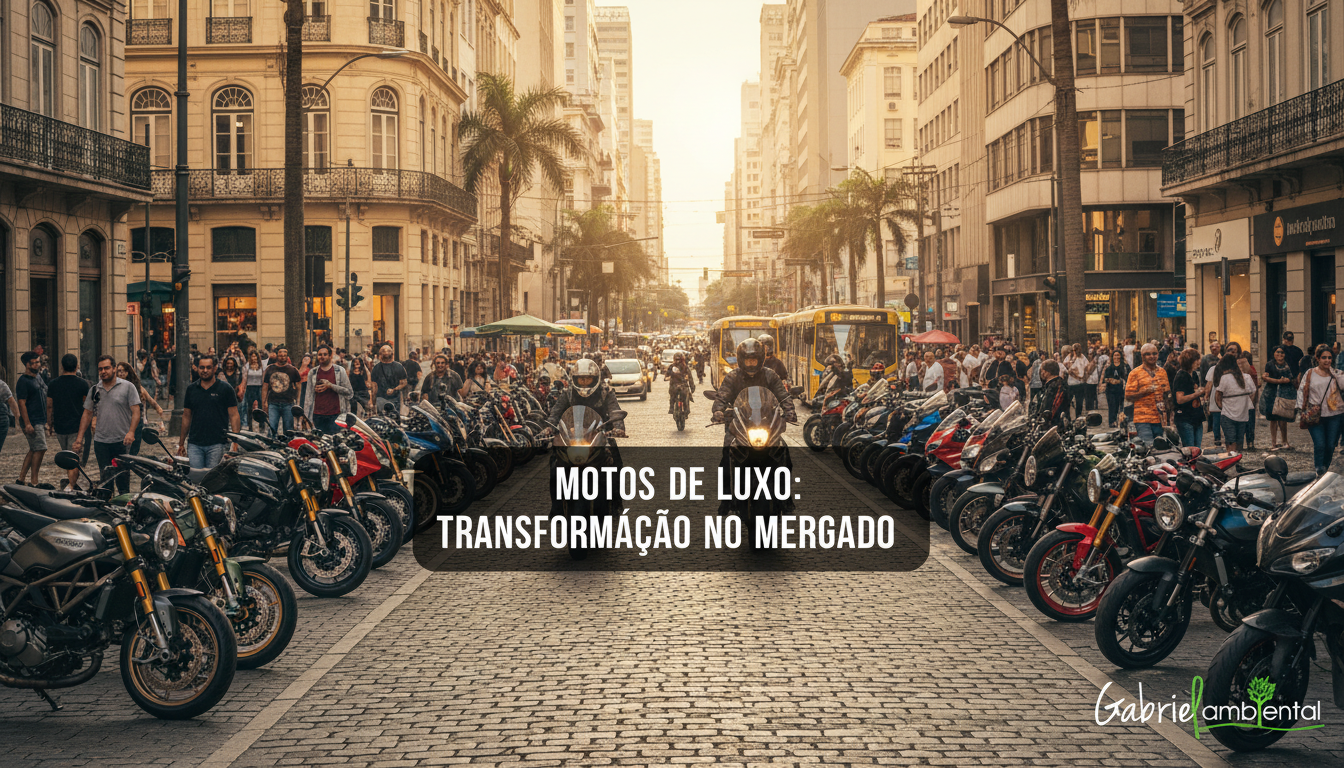Motocicletas de luxo em uma rua movimentada de São Paulo, refletindo a dinâmica do mercado.