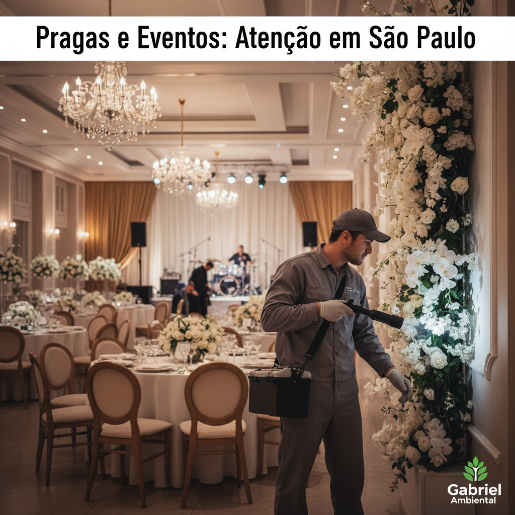 Técnico de dedetização inspecionando salão de festas decorado em São Paulo para prevenção de pragas durante eventos.
