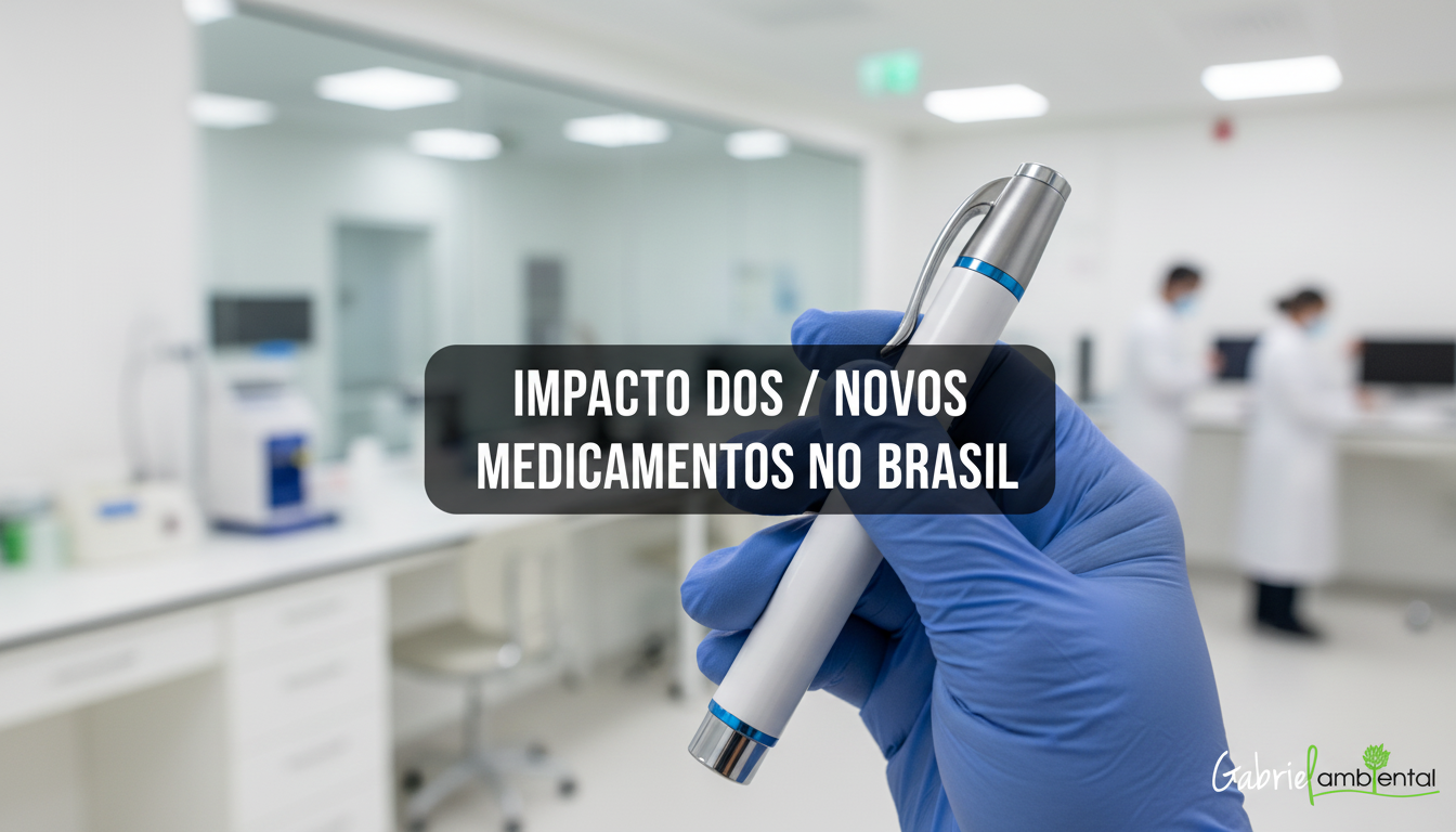 Caneta injetora de medicamento emagrecedor sendo manuseada por profissional de saúde em laboratório fotogênico em São Paulo.