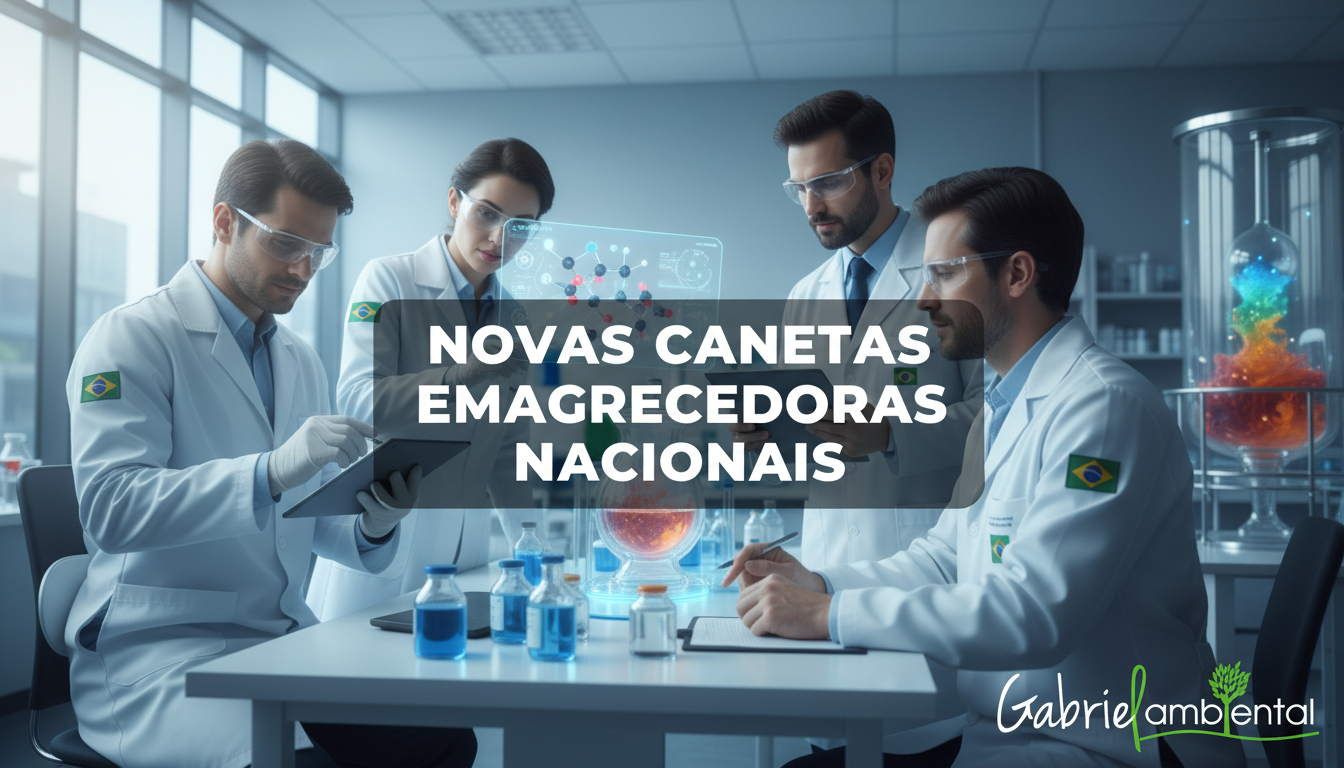 Cientistas brasileiros em laboratório discutindo avanços em medicamentos, com banner central dizendo 'Novas Canetas Emagrecedoras Nacionais'.