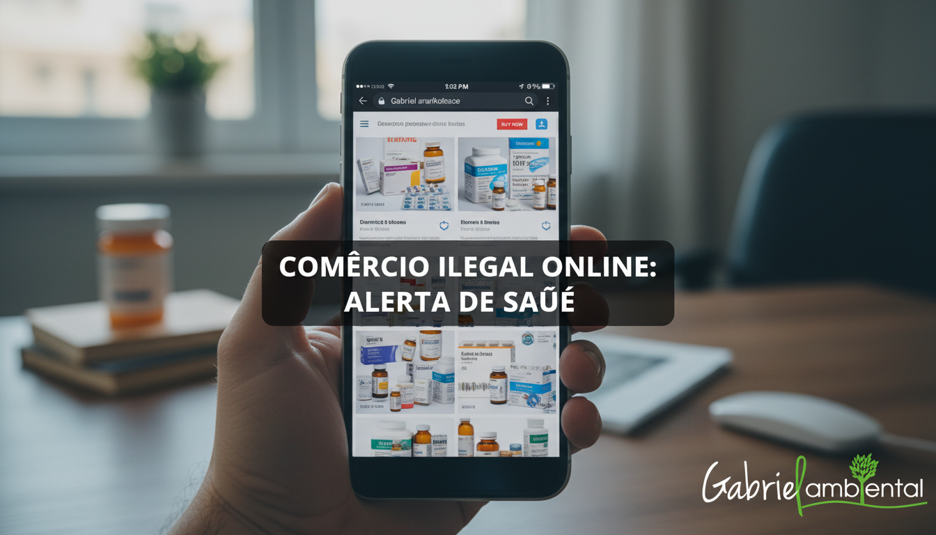Smartphone exibindo plataforma online com anúncios de medicamentos, simbolizando o comércio ilegal de fármacos. Foco em São Paulo.