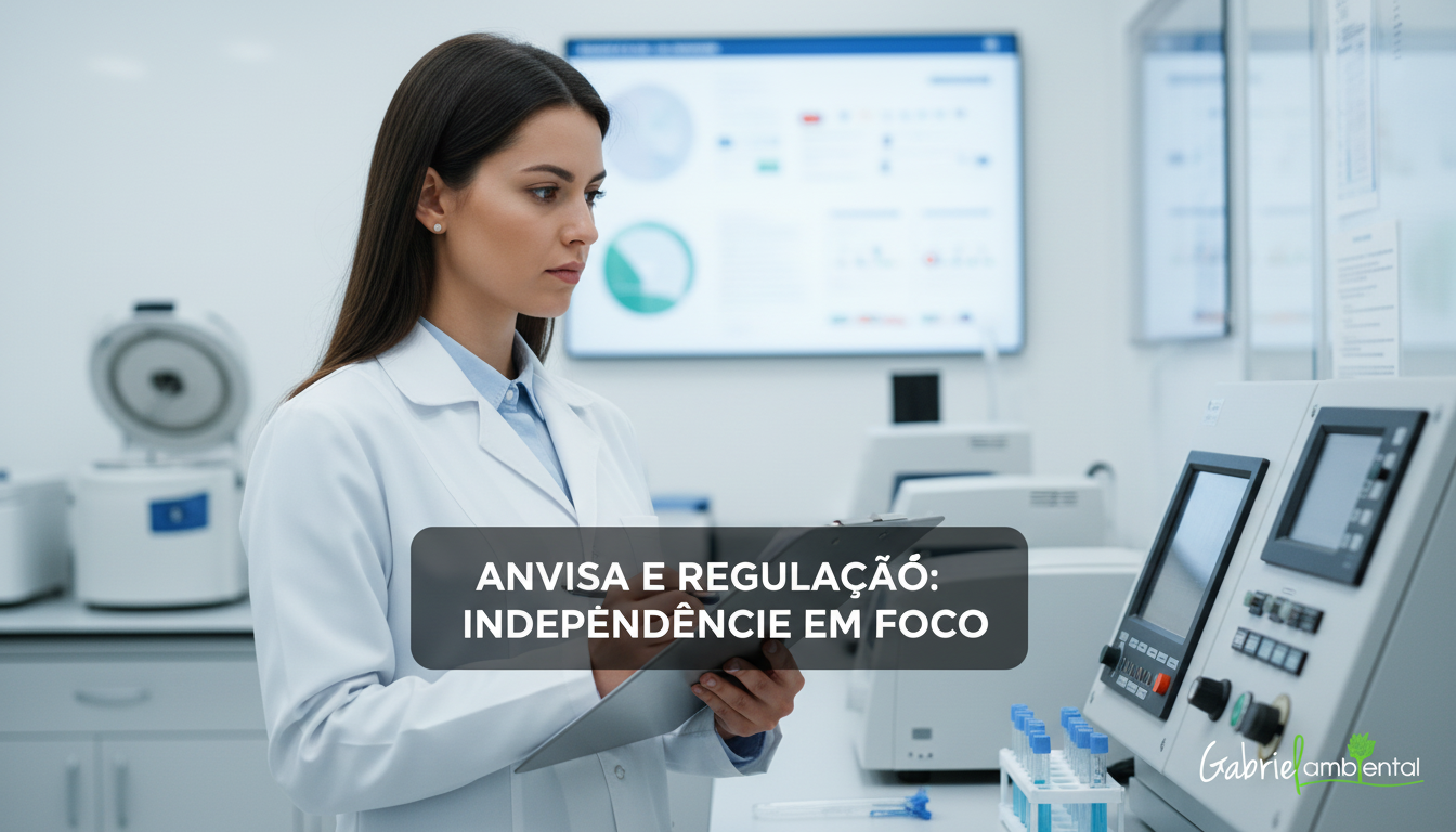 Mulher vestindo jaleco, representando autoridade regulatória da ANVISA, em ambiente de laboratório, com um banner centralizado na imagem com o texto 'ANVISA E REGULAÇÃO: INDEPENDÊNCIA EM FOCO'.