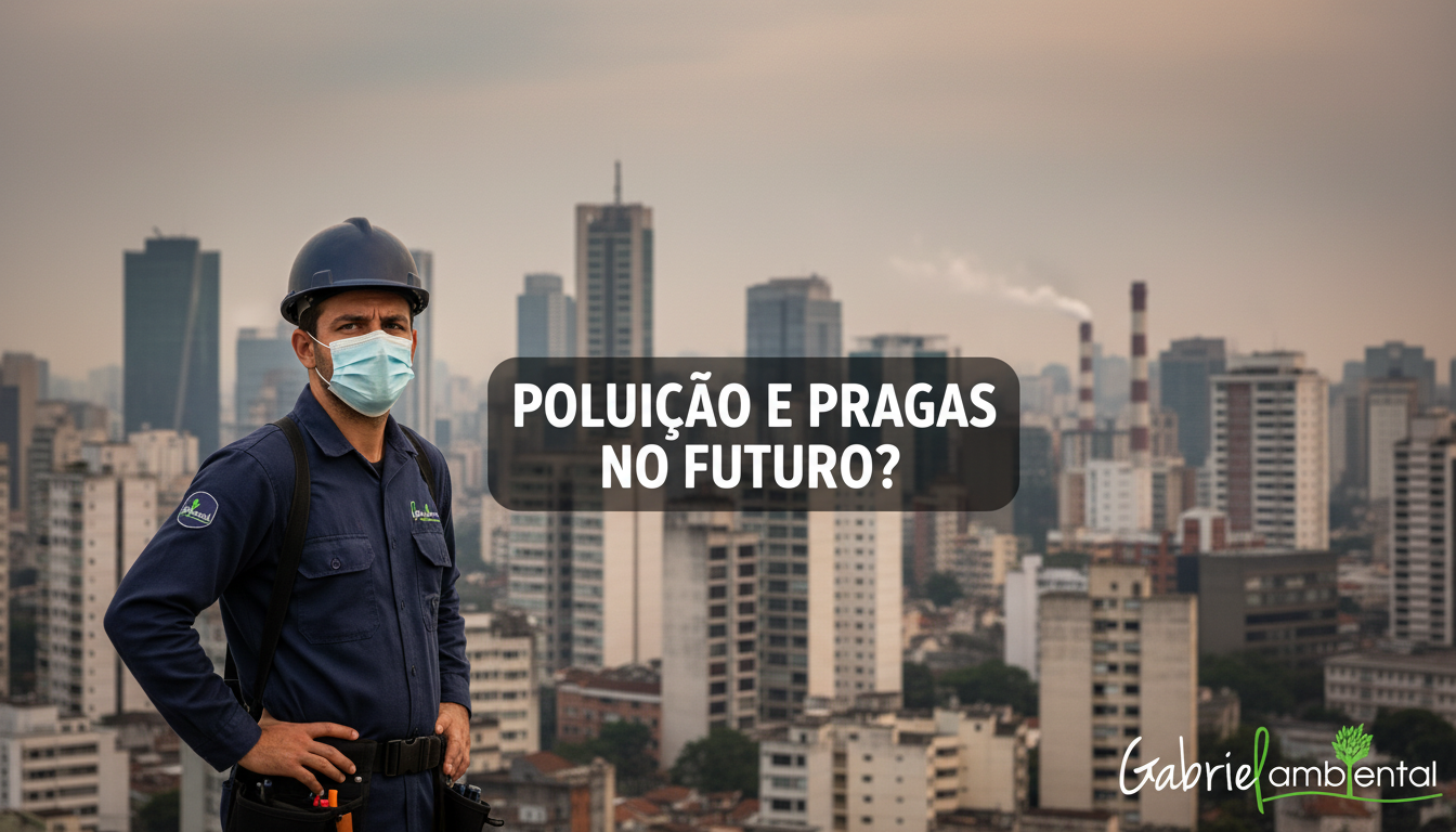 Um técnico de dedetização uniformizado em São Paulo observa a paisagem urbana, que apresenta uma névoa ambiental, com um banner central alertando sobre 'POLUIÇÃO E PRAGAS NO FUTURO?'.