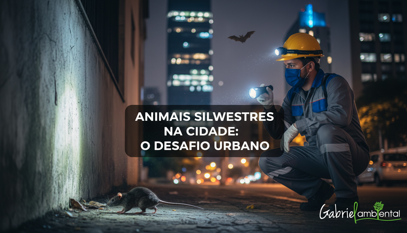 Técnico de dedetização em um ambiente urbano de São Paulo, inspecionando área onde animais silvestres como ratos e morcegos podem ser encontrados.