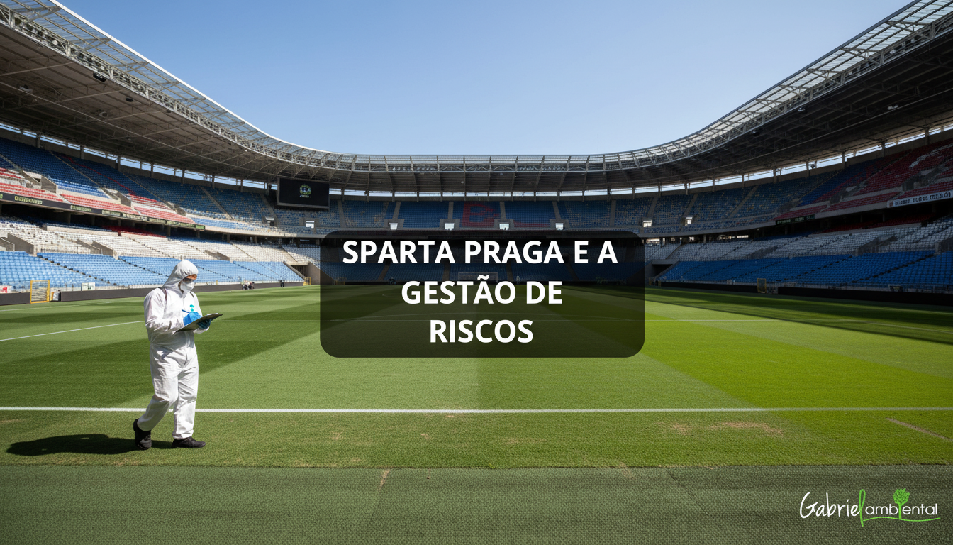 Técnico de controle de pragas inspecionando um estádio de futebol em São Paulo, simbolizando a importância da gestão em grandes instalações, com a manchete 'Sparta Praga e a Gestão de Riscos'.