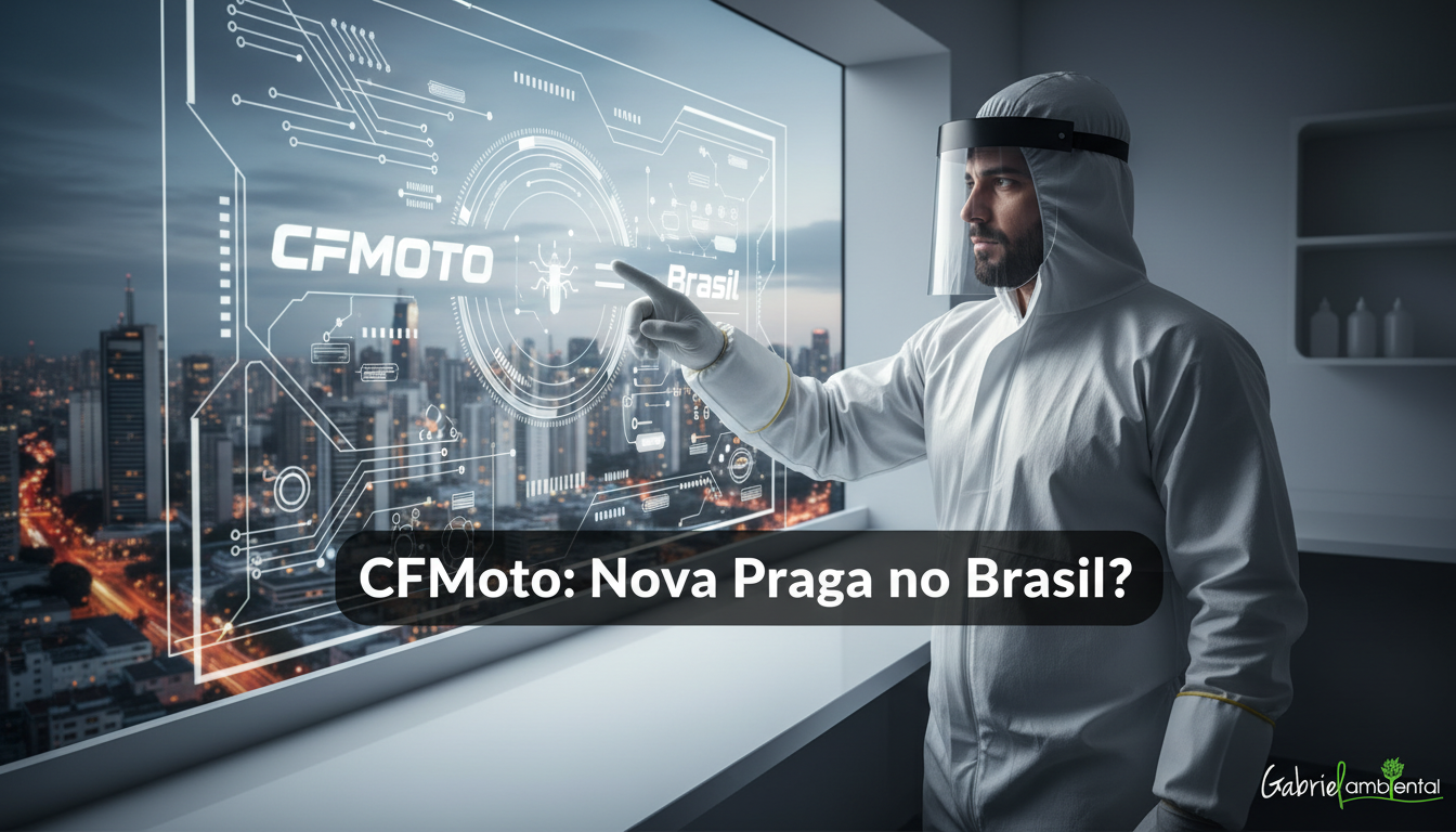 Técnico de dedetização analisa 'crise CFMoto' em São Paulo, simbolizando desafio no controle de 'pragas'.