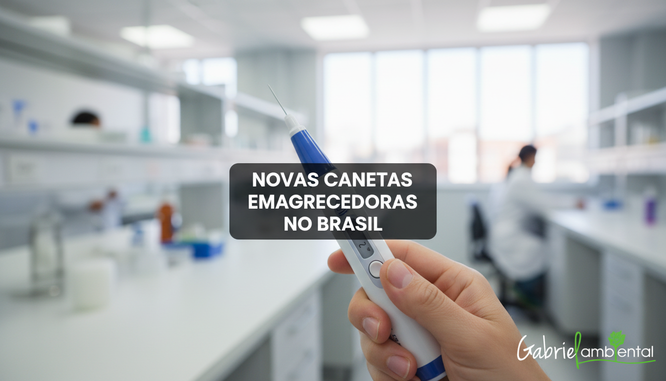 Mão segurando uma caneta injetora de medicamento com foco na ponta da agulha, em um ambiente de laboratório. No centro, uma tarja escura com o texto 'NOVAS CANETAS EMAGRECEDORAS NO BRASIL'.