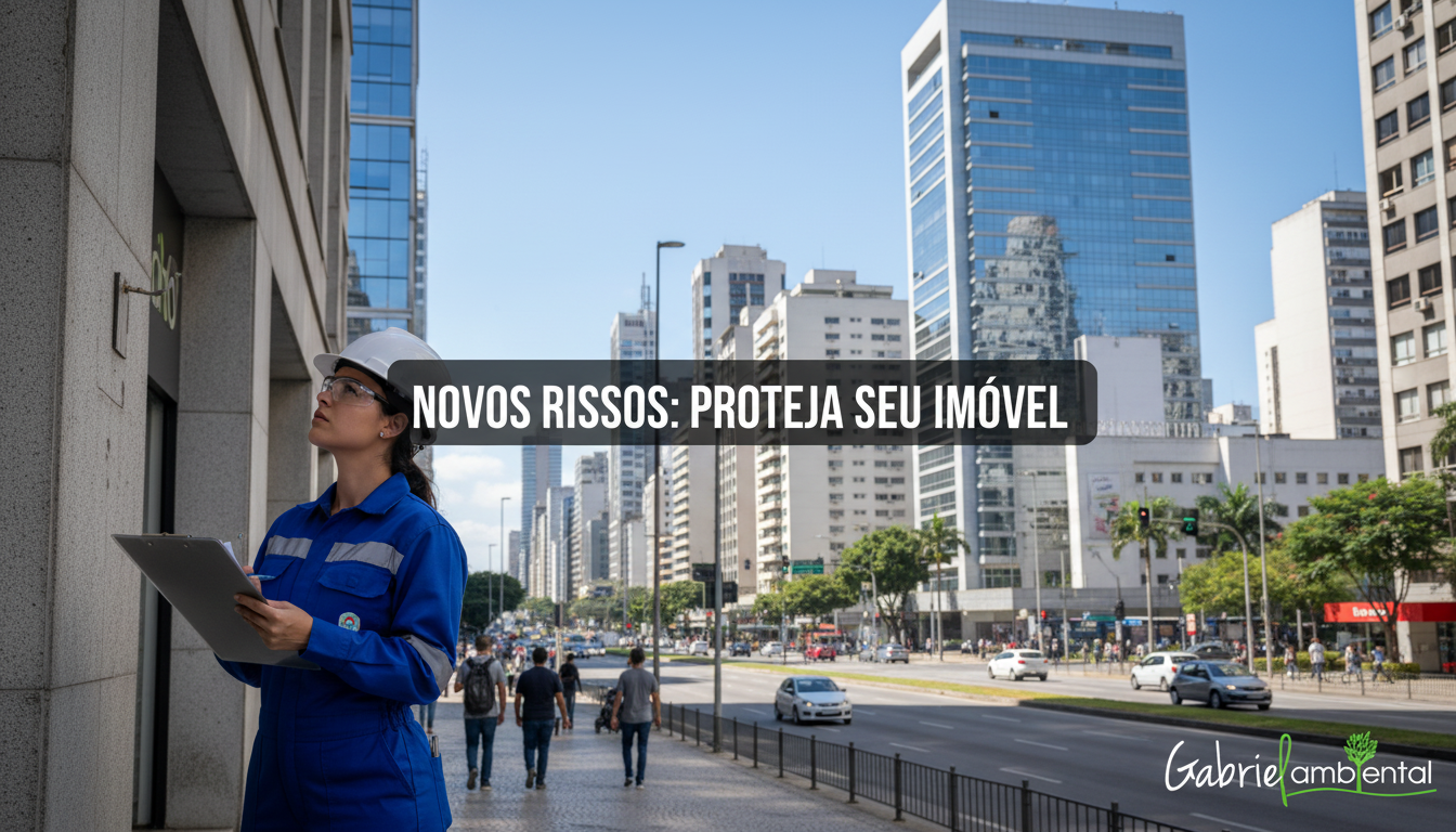 Técnico de controle de pragas em São Paulo examinando fachada de prédio, com banner central sobre 'Novos Riscos: Proteja Seu Imóvel'.