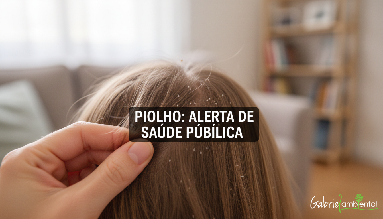 Mãe examinando o cabelo de uma criança em busca de piolhos e lêndeas, com foco na infestação. Banner central com o texto 'PIOLHO: ALERTA DE SAÚDE PÚBLICA'.