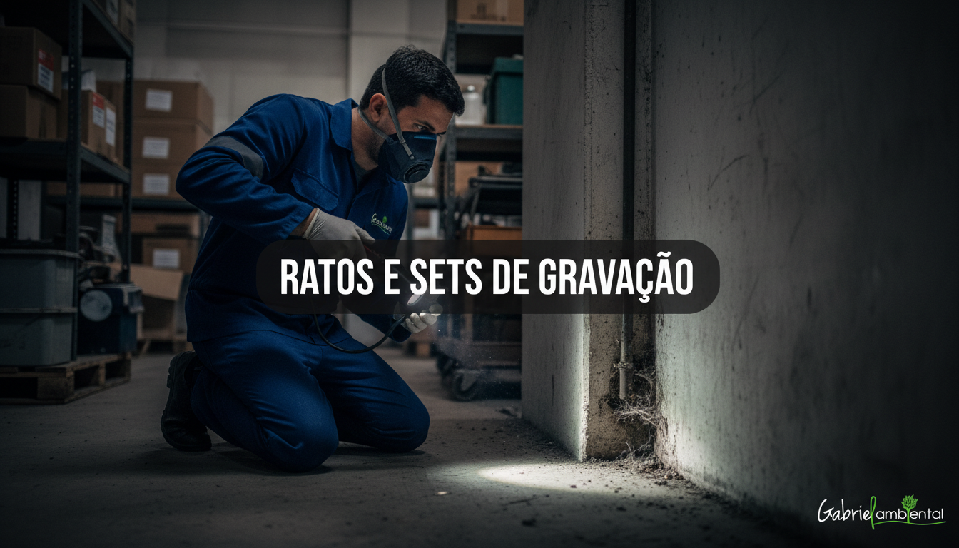 Profissional de controle de pragas vestindo EPI inspeciona ambiente escuro, simulando um set de filmagem, com foco em potenciais esconderijos de roedores. No centro da imagem, um banner com o texto 'Ratos e Sets de Gravação'.