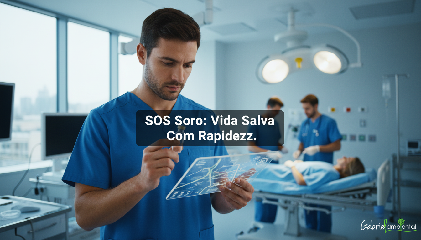 Profissional de saúde utilizando tecnologia para localizar soro antipeçonhento, com tarja central SOS Soro: Vida Salva Com Rapidez