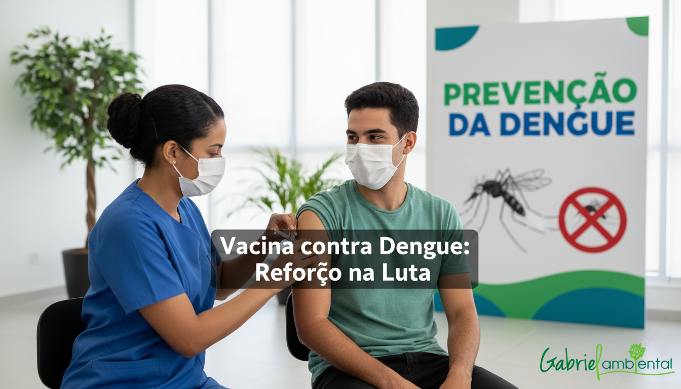 Profissional de saúde aplicando a vacina contra a dengue Qdenga, com o banner 'Vacina contra Dengue: Reforço na Luta' no centro da imagem.
